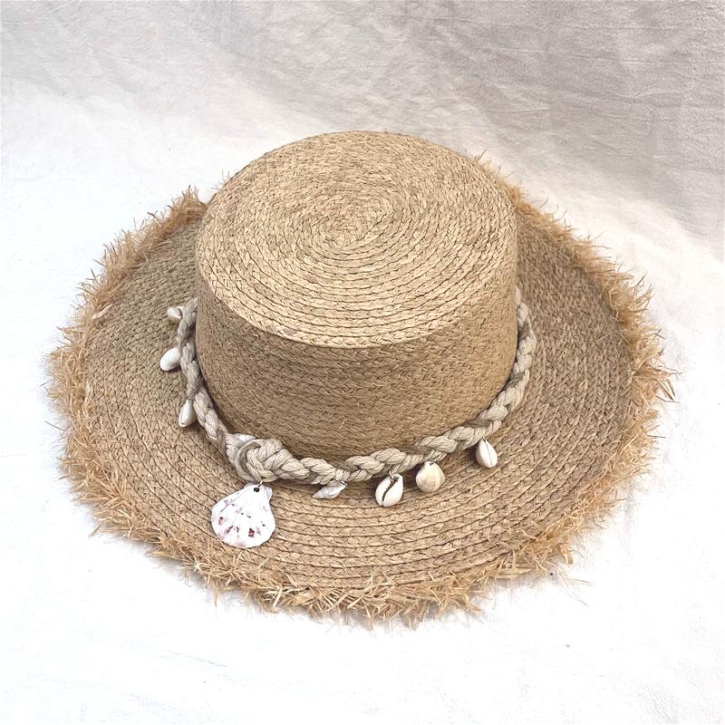 Designer 100% Raffia Straw Hat with Shell Trim for Vacation Women Summer Beach Hat Female Korean Travel Sun Protection Falt Hat