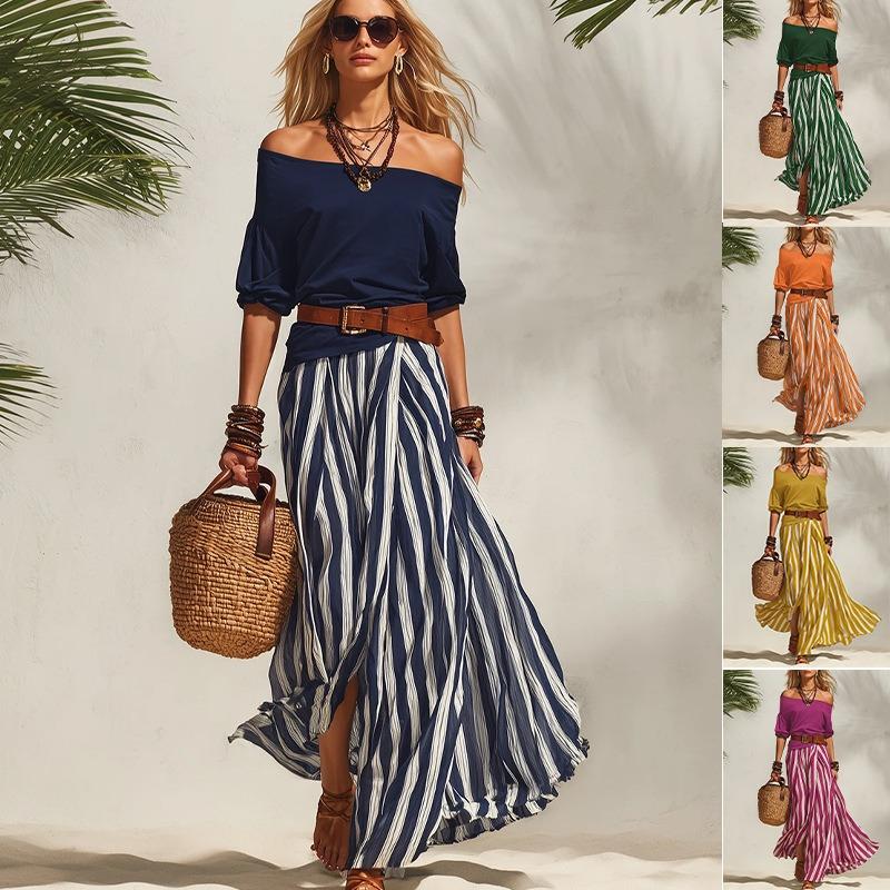 Conjunto Náutico para Vacaciones con Top de Hombros Descubiertos y Falda Larga con Abertura para Mujer