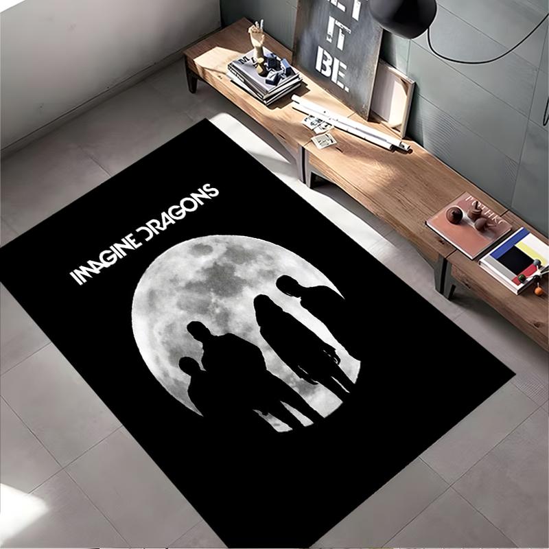 Rock Band Area Rug, Imagine Dragons Band Silhouette Full Moon Black White Minimal Print, Rock Music Decor, Non-Slip Mat