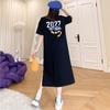 Korean Style Summer Slit Print T-Shirt Dress for Women - Loose, Slimming, Short Sleeve, Oversized Nightdress