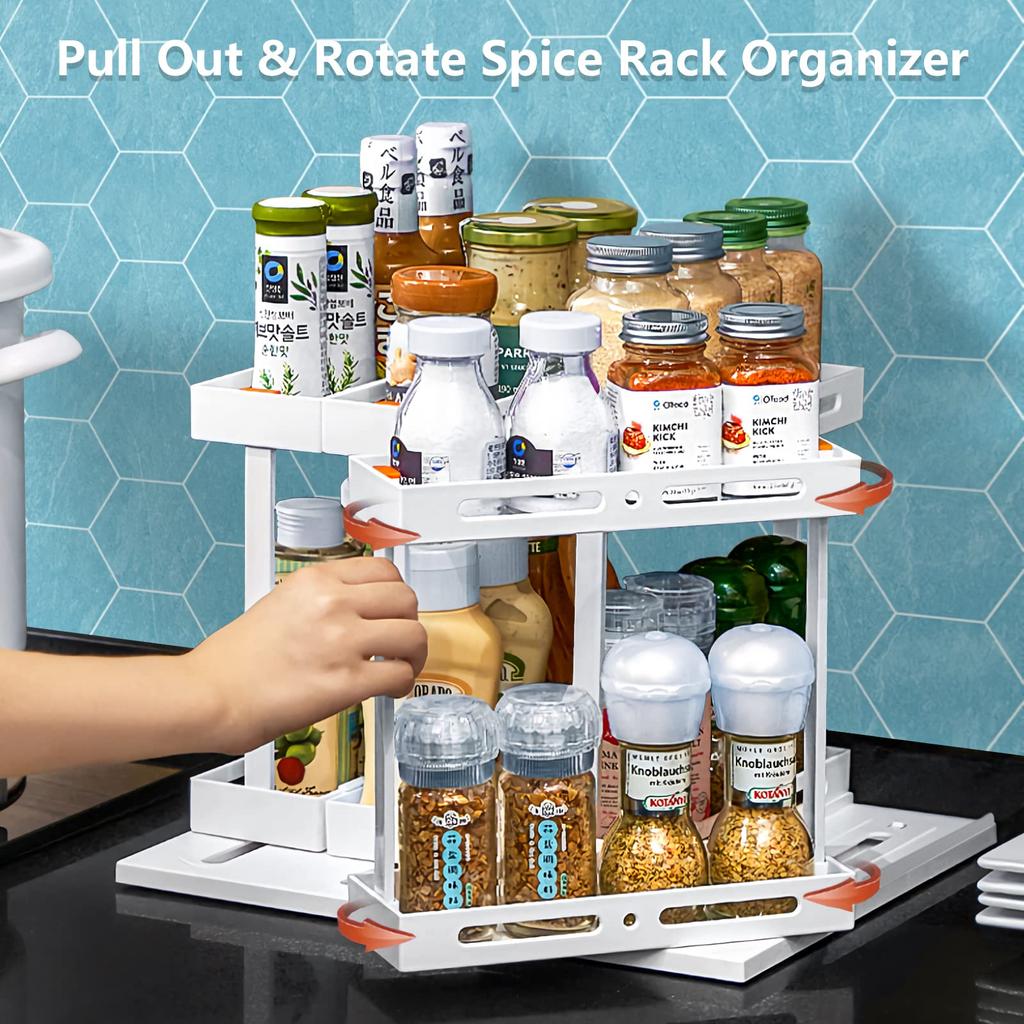 2 Tier Pull-out and Rotate Kitchen Spice Rack Multi-Function Seasoning Organizer for Kitchen Cabinet Pantry Counter-Top Supplies
