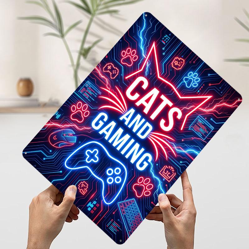 

Cats and Gaming in Neon Lights Gamer Metal Poster Customized Wall Art Retro Vintage Tinplate Signs for Modern Home Decoration 7.9x11.8In(20x30cm)