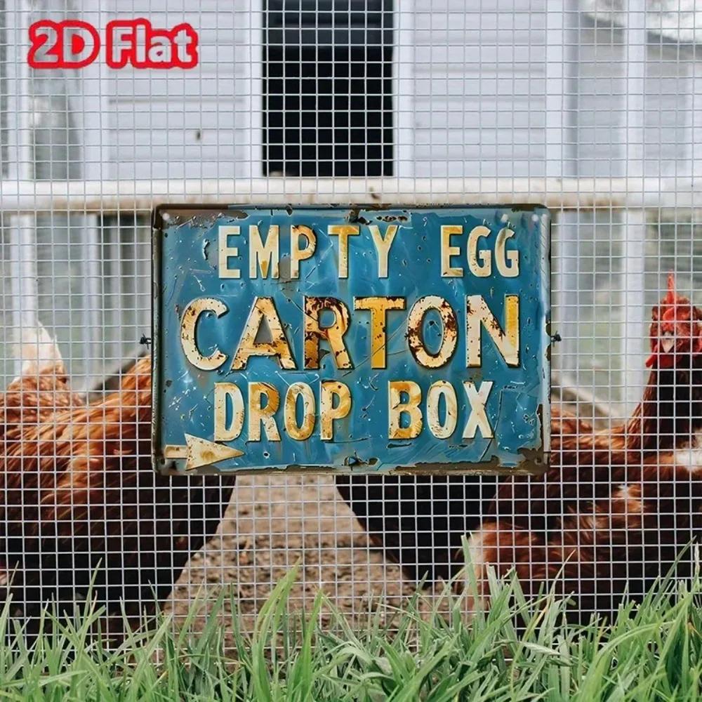 VintageEggChicken™ Charming Vintage Tin Sign with Empty Egg Carton Drop Box Quote, Retro Chicken Design, Rustic Farm Decor