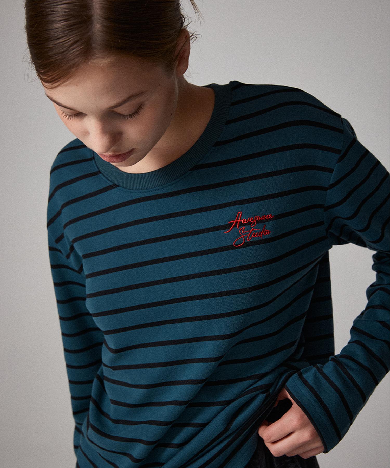 Awesome Studio Striped Long Sleeve T-Shirt Dark Navy White/Free