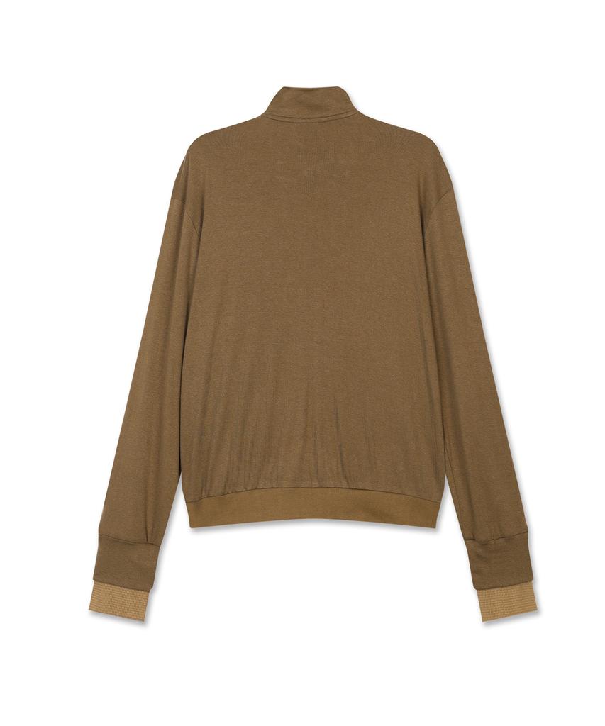 MICHIKO LONDON SPORTS Soft Jersey Layered High-Neck Zip-Up Khaki Brown