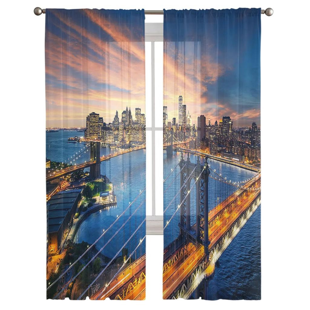 Urban Bridge Brooklyn Sonnenuntergang Stadt Gebäude Tüll Transparente Fenstervorhänge für Wohnzimmer Schlafzimmer Voile Organza Vorhänge Drapierungen