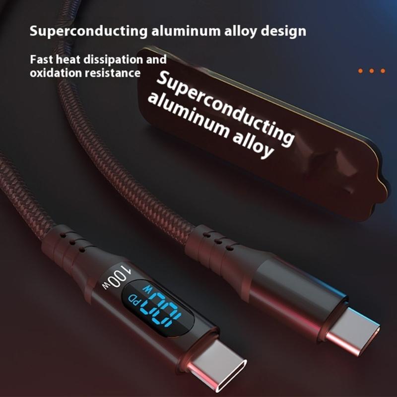 Braided USB C Charging Cable for Phone Tablet 1 Meter 100W 5A Fast Charge Real Time Power Monitor Type C To C Cord