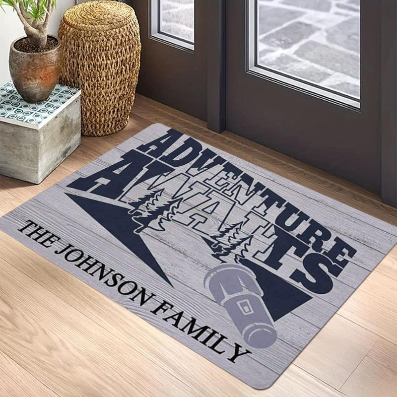 Family Camping Memories Carpet Mat with Deer Pine Tree Pattern Anti-Slip Rug Vintage Wood Design Home Decoration Floor Mat