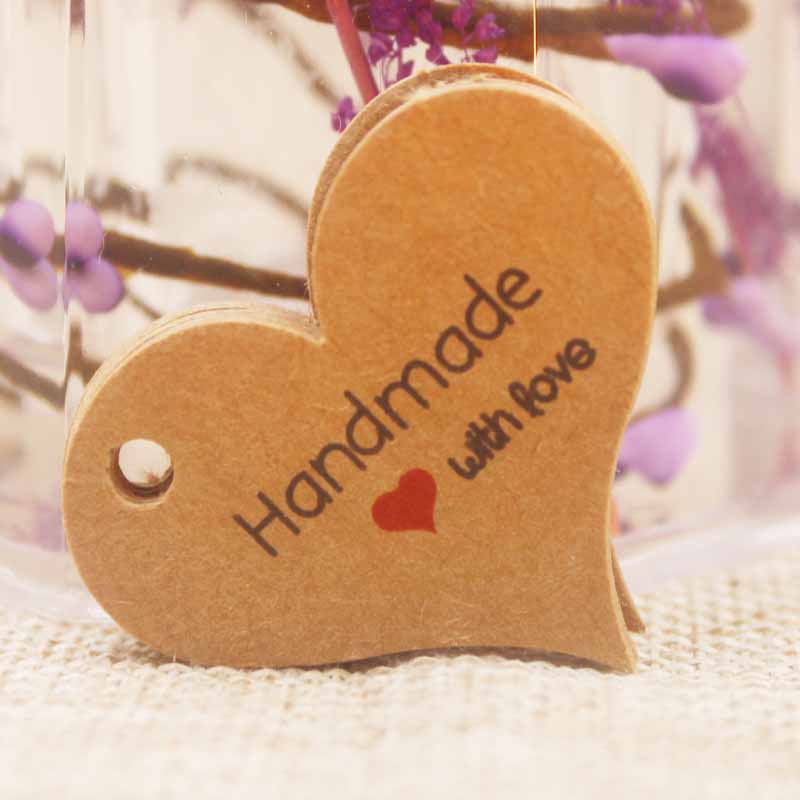 200pcs New design kraft/white Handmade tag,paper vintage red heart Handmade gift tag products swing Handmade with love hang tag
