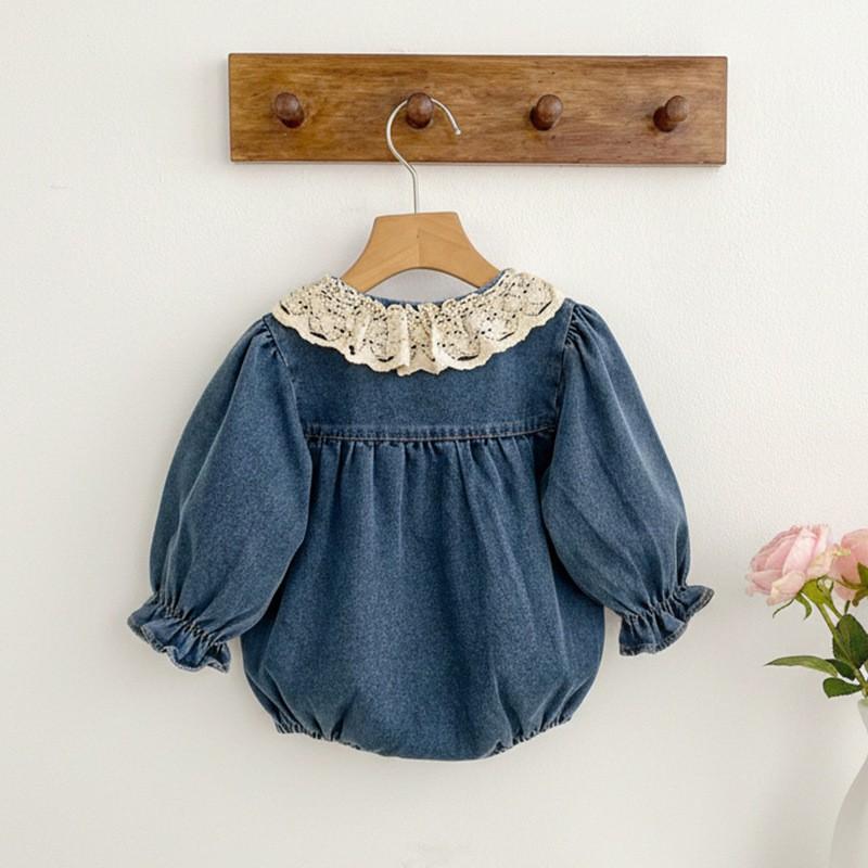 Baby Girl Romper Lace Trim Knit Denim Long Sleeve Bodysuit Toddler 6M-3T