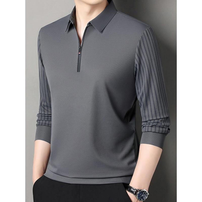 Medelålders mäns långärmad skjorta T-shirt Vår Höst Affärsmässig Casual Nedvikt krage Lös Halv dragkedja Falsk tvådelad topp