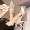 Beaded Lolita Mary Janes Women High Heels Shoes  New Spring Bow Thick Pumps Designer Ladies Wedding Pointed Toe Sandals