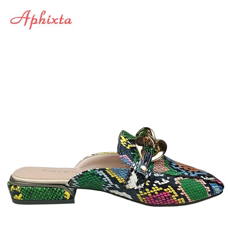 Aphixta Summer New Chain Women Snake Prints Slides Square Toe Shoes Classic Gold Buckle Rope Slippers Footwear Plus Big Size 43