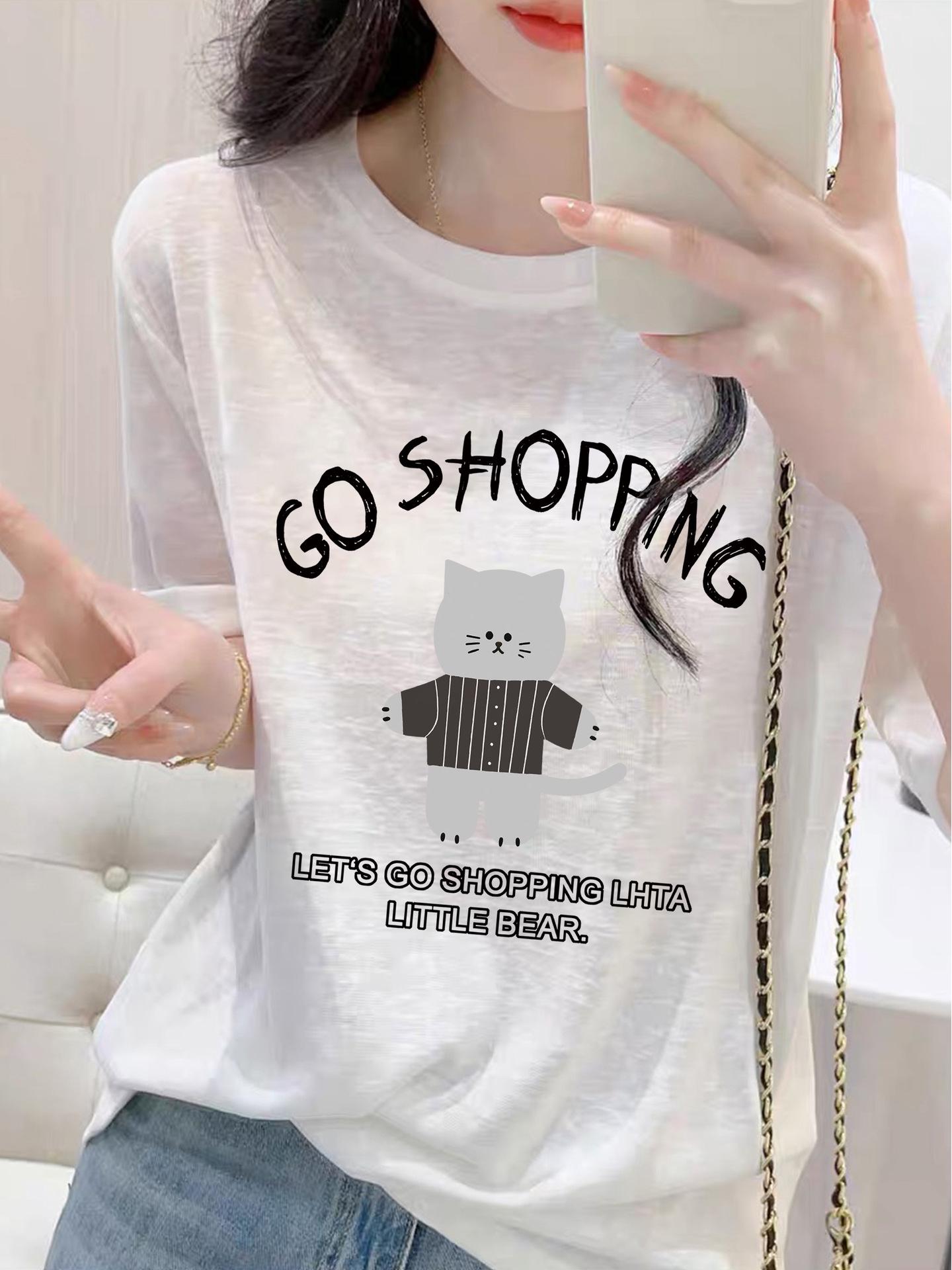 Korean Style Square Shoulder Short Sleeve T-shirt for Women - Spring/Summer 2026 Snowflake Cotton Kitten Print Top XL