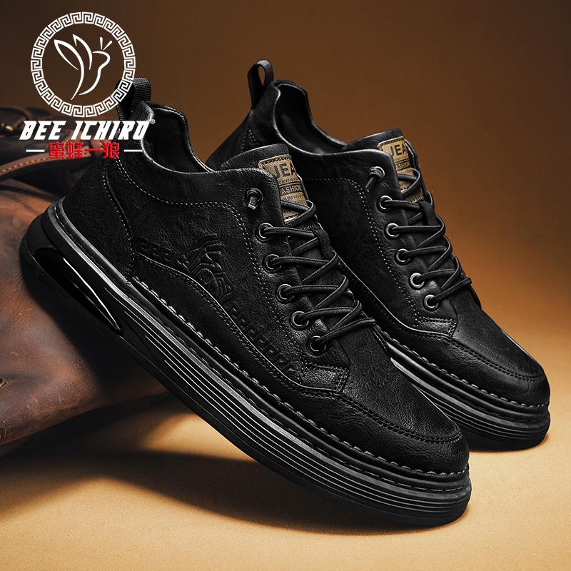 Spring and Autumn Leather Boots Men's Shoes Retro Medium Top Martin Shoes Tide Board Shoes Casual Tooling Small Black Shoes