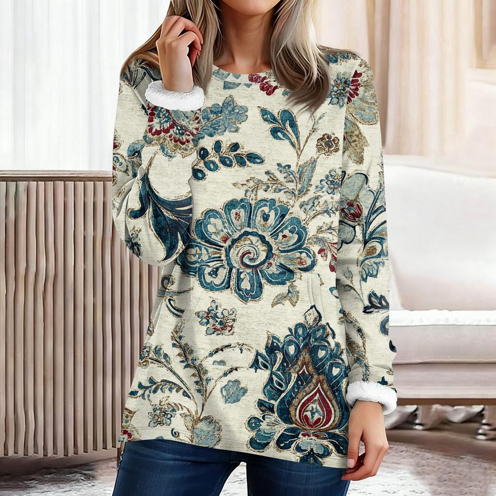 Haut pull-over chaud en peluche à manches longues et col rond imprimé tendance pour femmes