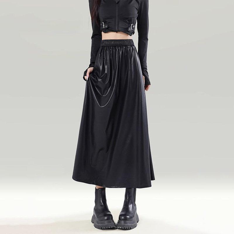 Vintage Autumn Winter New Skirts Women Solid Elastic High Waist Pleated Maillard Fashion A-line Slim Mid-length Pu Leather Skirt