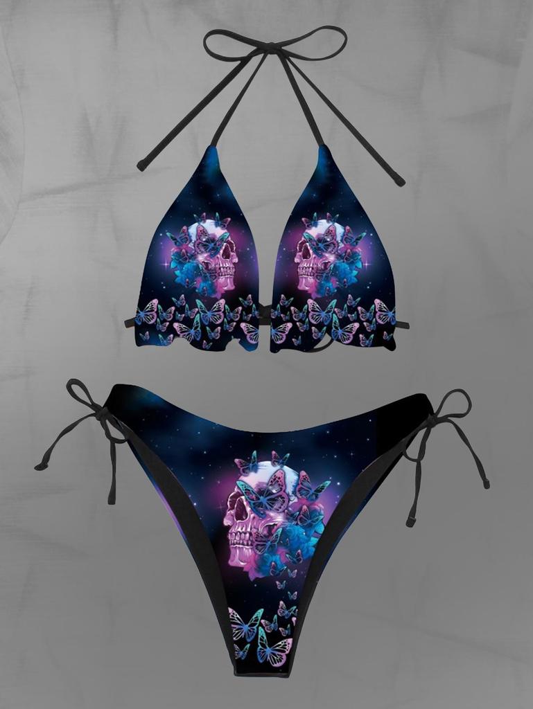 Rosegal Gotický Lebka Motýl Ombre Galaxy Potisk Zavazovací Halter Bikiny Set