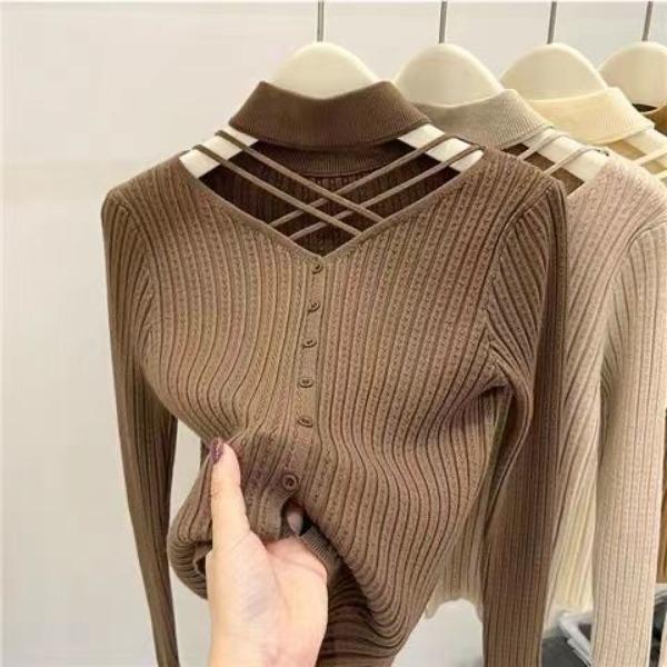Women Out Half High Neckline Knitted Sweater for Women's Fit and Versatile Sweater Long Sleeve Short Tops