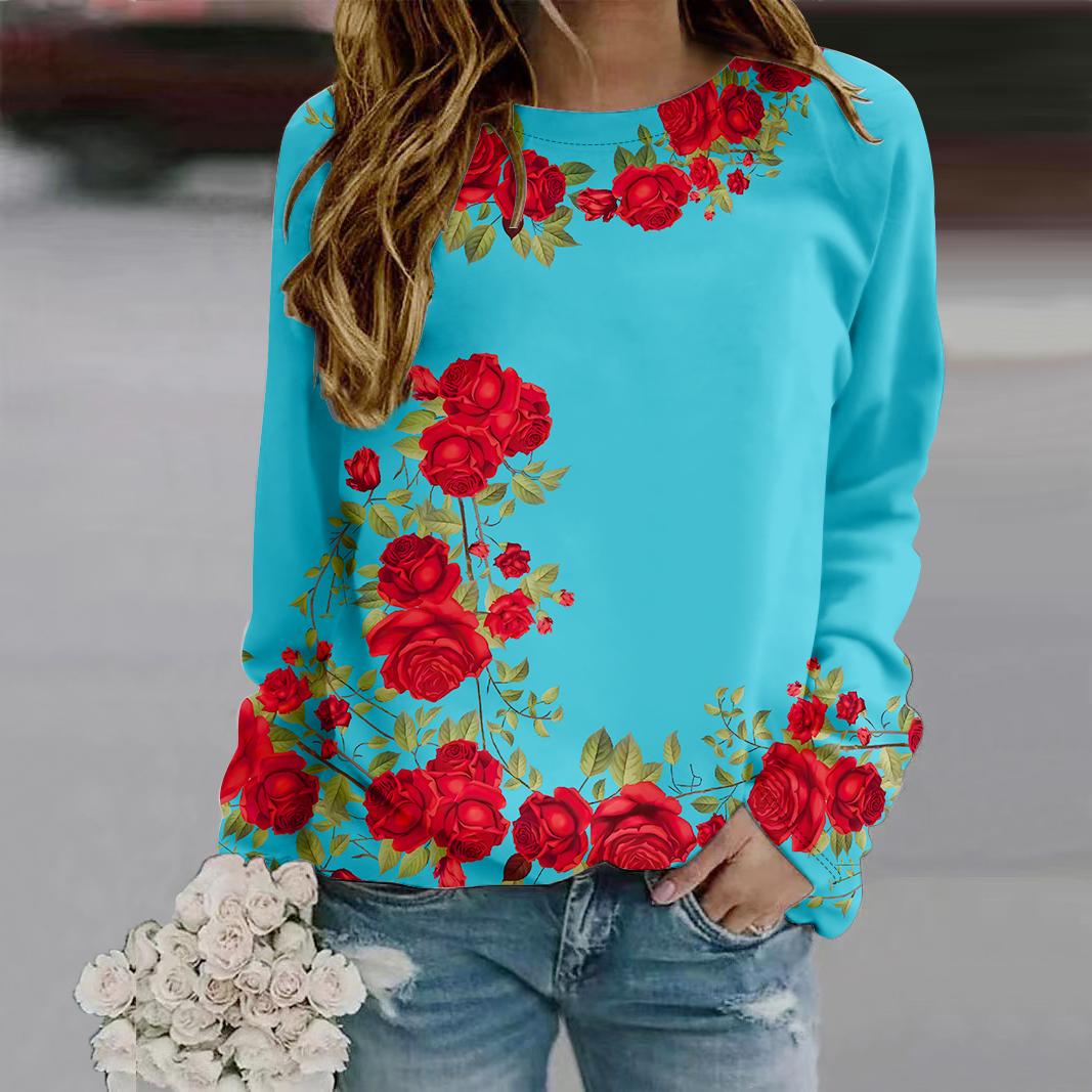 

Осенне-осенняя женская модная футболка с длинным рукавом и круглым вырезом, свободная одежда, красивая футболка с принтом красных роз для девочек, уличная 8XL светло-синий