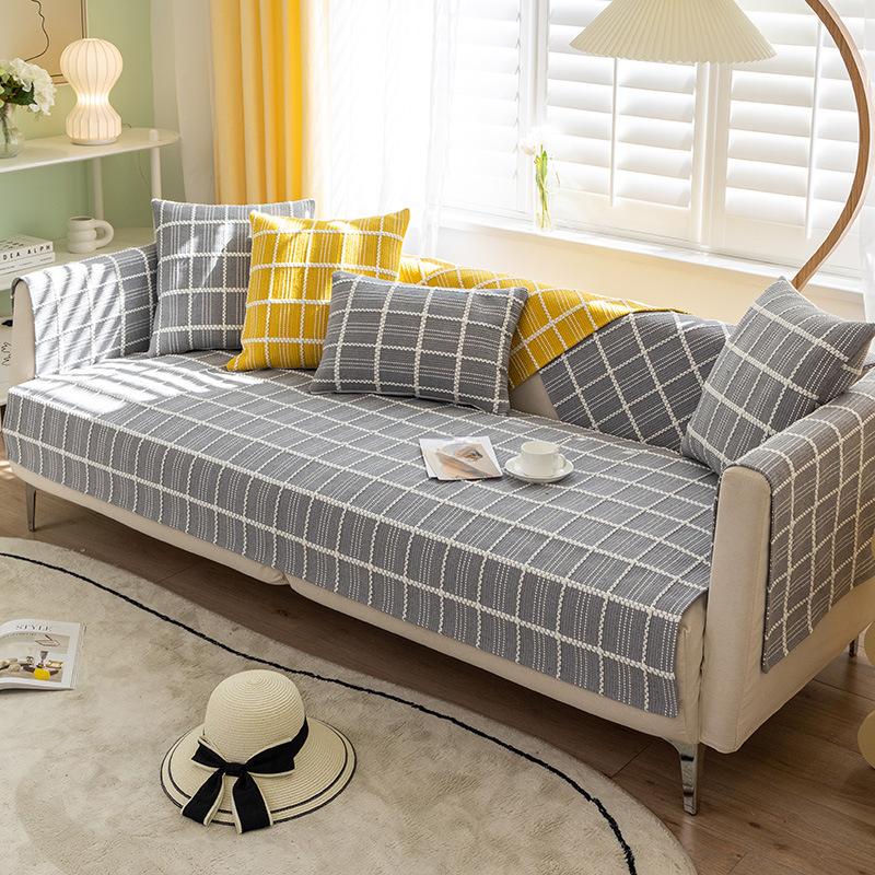 Gray Sofa Cushion Cotton and Linen Thickened, Universal for All Seasons, Simple Modern Anti-slip Plaid Sofa Cover with Cloth Towel