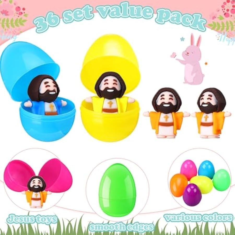 24 Pcs Easter Eggs Filled with Jesus Figurine Plastic Easter Colorful Eggs Religious Jesus Easter Basket Stuffers Party Favors