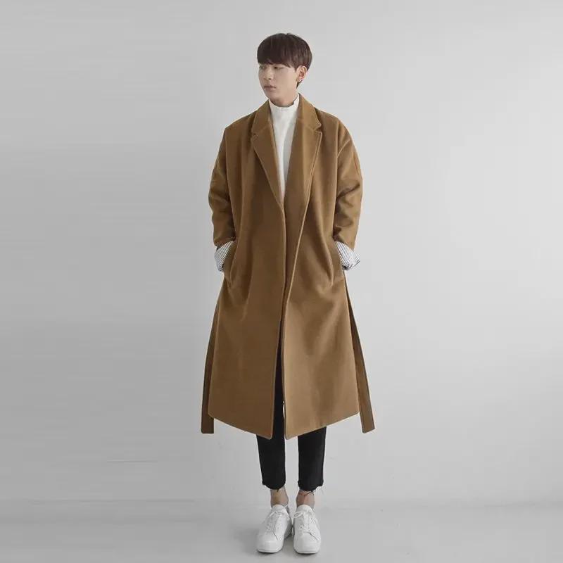 Men's Korean Style Long Woolen Windbreaker Coat