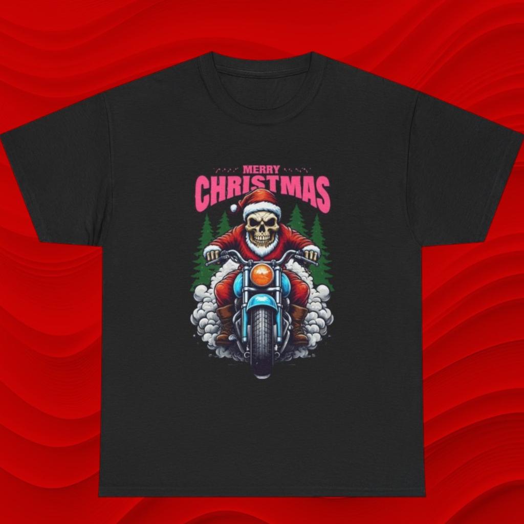 Skull Santa On Motorcycle T-Shirt | Merry Christmas Biker Tee Unisex