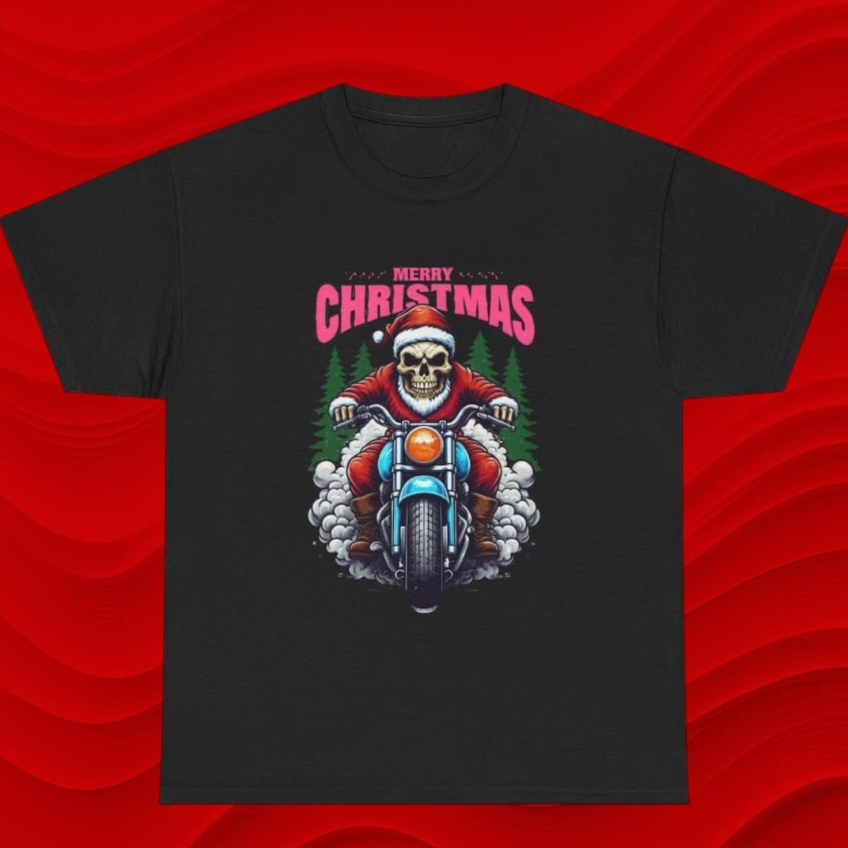 Skull Santa on Motorcycle T-Shirt | Merry Christmas Biker Tee Unisex XL