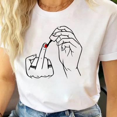 Damen Mittelfinger Nagellack Druck T-Shirt Sommer Bequem Weich Kurzarm Rundhals Oberteile Lässige Damenkleidung