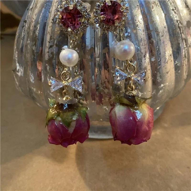 Retro Natural Real Flower Eternal Flower Earrings Niche Design Sense Freshwater Pearl Femaleaint for Women Long Earrings Jewelry