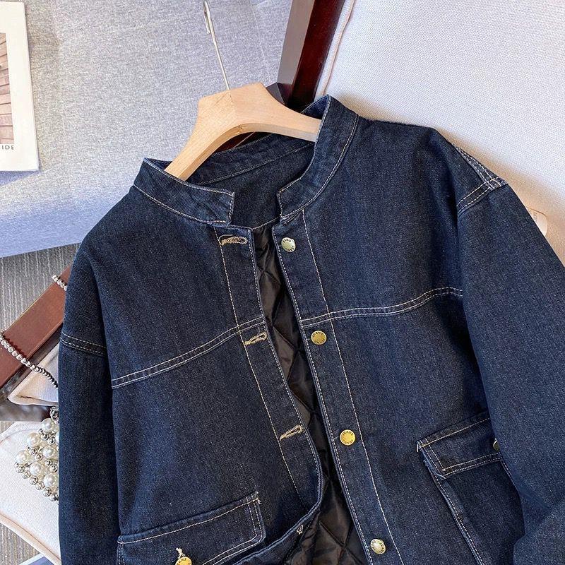 Winter 2025 Women's Slim Fit Blue Denim Long-Sleeve Jacket with Raglan Sleeves and Round Neck
