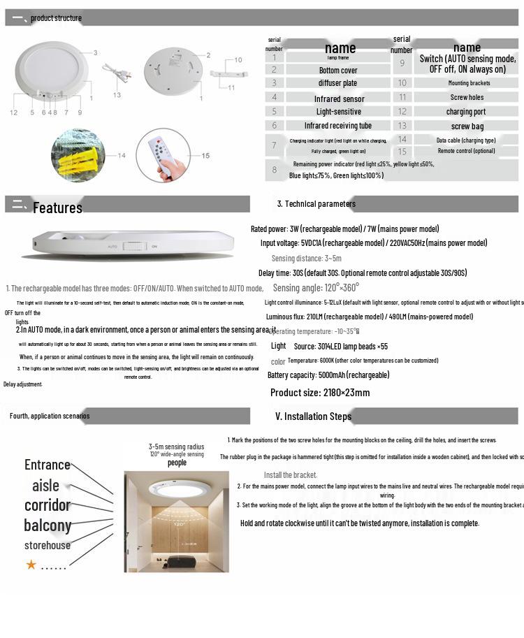 Wireless LED Ceiling Light with Motion Sensor & Remote, USB Rechargeable for Hallway, Cloakroom, or Balcony.