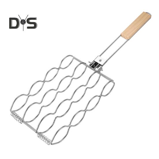 

Корзина для гриля из кукурузы с деревянной ручкой, складные корзины для гриля из нержавеющей стали, стойка для барбекю на открытом воздухе для рыбы, креветок, овощей серебряный