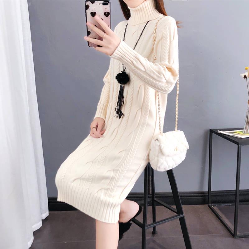 Women's Plush/Non-Plush Turtleneck Over-the-Knee Knitted Sweater Dress for Autumn & Winter