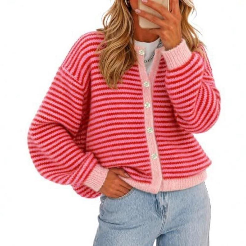 Cardigan lavorato a maglia a righe da donna con scollo rotondo, maglione casual a cappotto