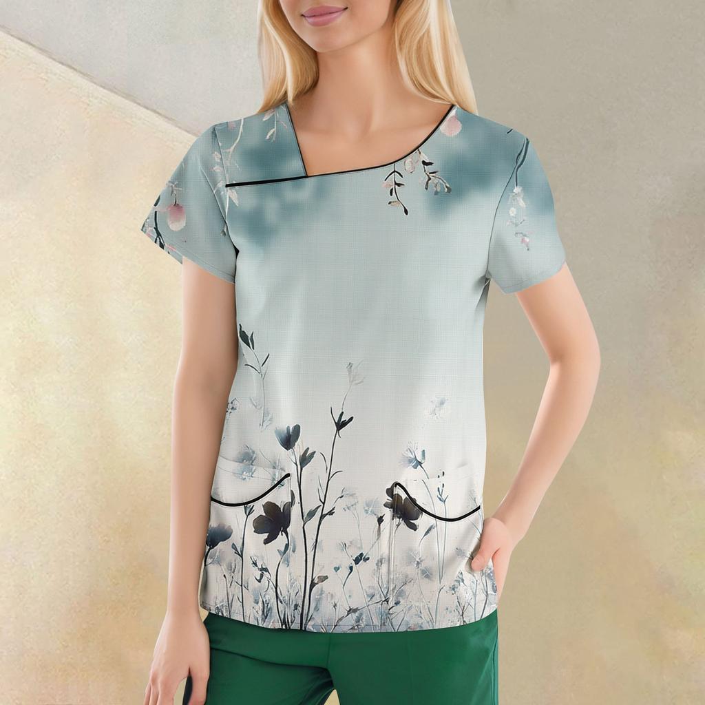 Women's Casual  Print Short Sleeve Sloping Collar Workwear Top With Double Pockets