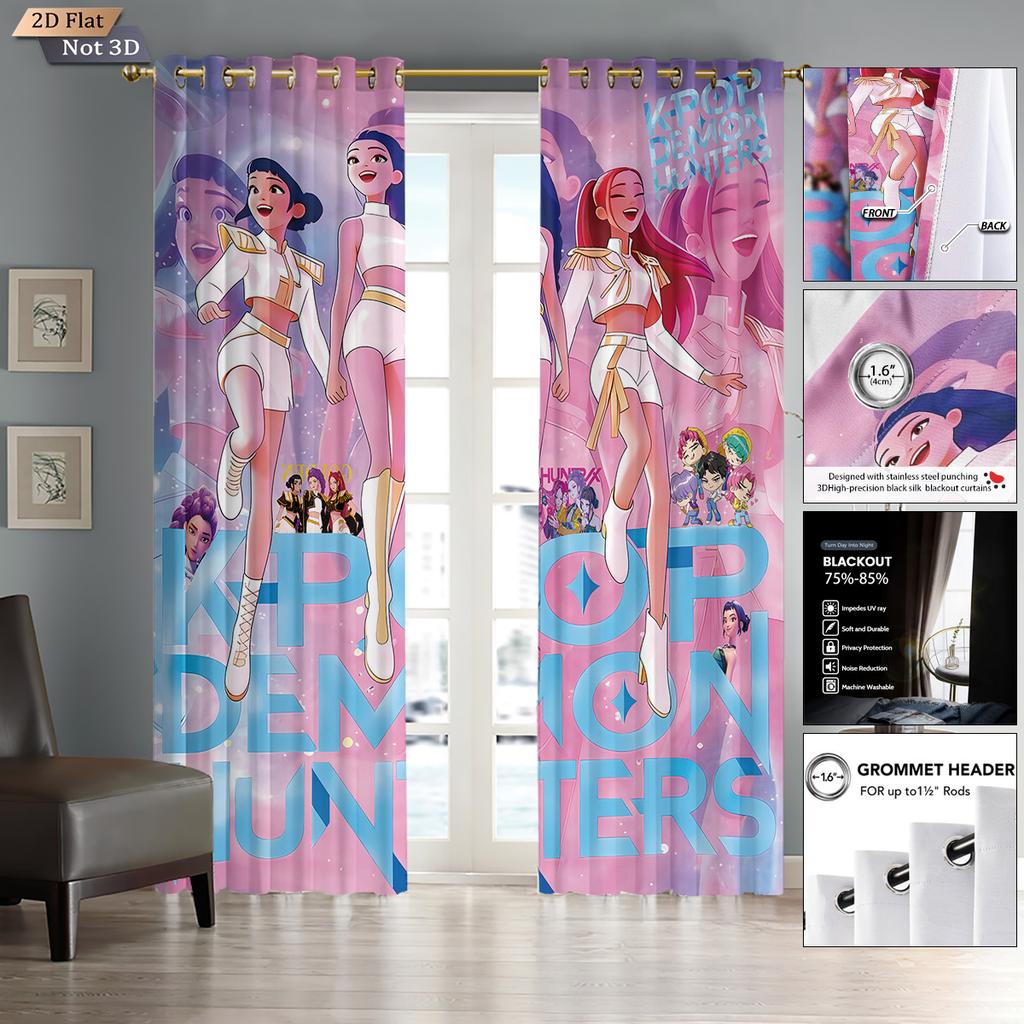 Juego de 2 Cortinas Estampadas Cazadores de Demonios Pop Aislamiento Múltiples Tamaños Decoración de Sala de Estar Dormitorio Oscurecimiento Hecho de Poliéster Lavable a Máquina Ventana de Área