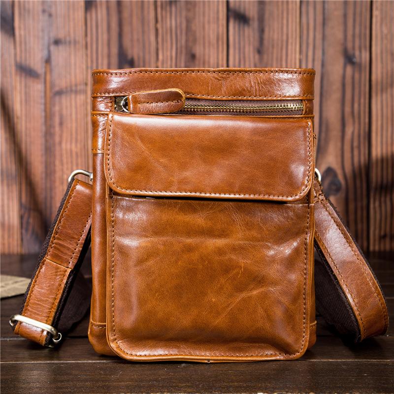 Vrijetijd Multifunctionele 7-inch Echte Lederen Telefoon Tas voor Mannen, Olie Was Leer Buiten Koeienhuid Retro Taille Kleine Hangende Tas
