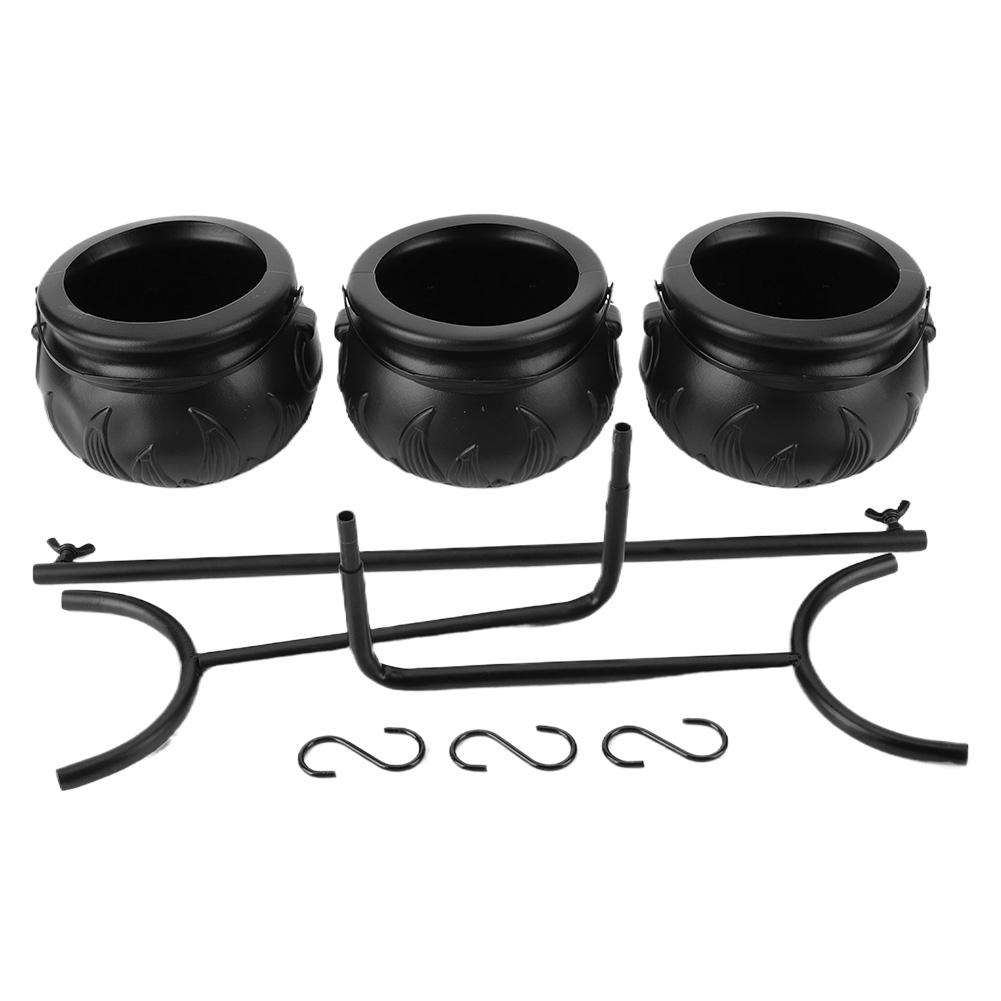 Set of 3 Witches Cauldron Serving Bowls On Rack Halloween Party Decorations Black Plastic Cauldron Black Candy Bucket Cauldron