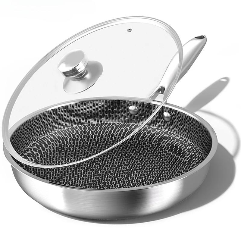 26/28cm With Glass lid Frying Pan Stainless Steel Cooking Pot Non Stick for Cooking Steak Pancake Egg for induction Cooker