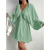 Elegant Fashion Deep V-neck Long Sleeved Women Dress Spring Summer Simple Casual Loose Sexy Solid Color A-line Party Dress Female Office Ladies
