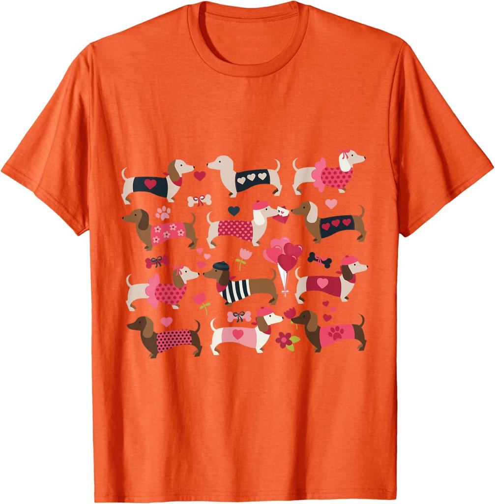 Dachshund Weiner Dog Valentine Heart Print Graphic T-Shirt Casual Daily Crewneck Tee