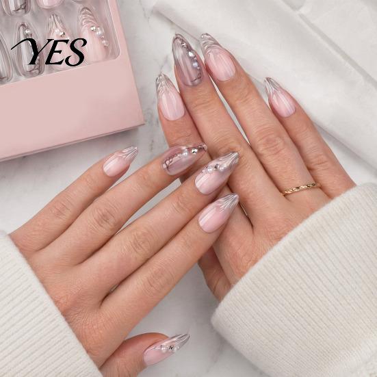 DIY Manicure Supplies 24Pcs Water Ripple Press on Nails for Women, Faux Pearl Almond Glossy Finish Stick-on Fake Nails, Removable Full Cover