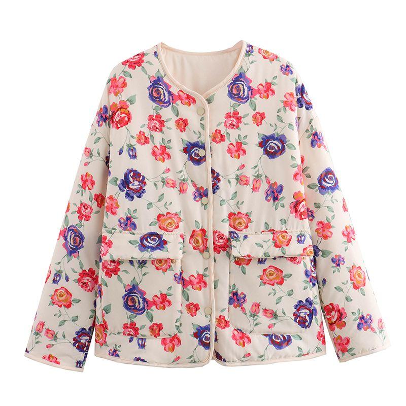 

Village Trendy Flower Cotton-Padded Jacket French Ins Retro Rose Flower Print round Neck All-Matching Loose Cotton Jacket Outwear Rose Print L