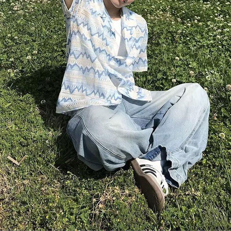 

Men Blue Beige Zigzag Print Cuban Collar Short Sleeve Shirt M синий