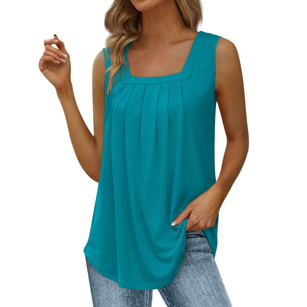 Women's Fashion Sexy Pleated Square Neck Color Sleeveless Vest Top