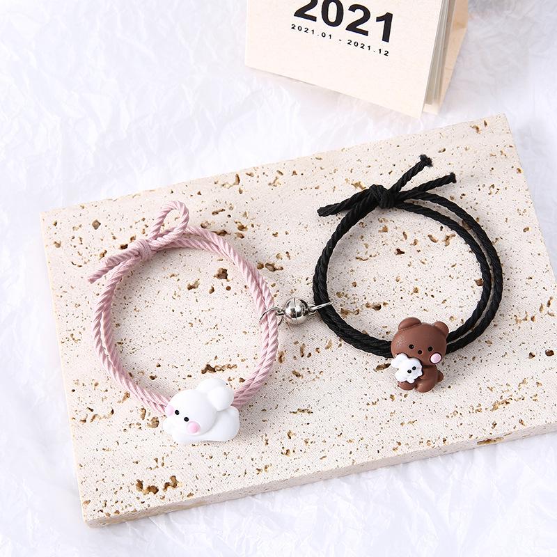 Charming Cartoon Teddy Bear Bracelet & Hair Tie Gift Set - Magnetic Couple Keepsake with Small Leather Case for Boyfriend or Best Friend