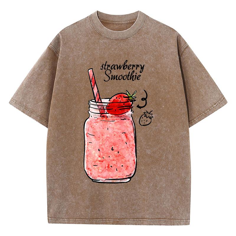 Strawberry Smoothie Print Washed TShirts Womens Cotton Tops Comfortable Distressed ONeck T Shirts Summer Casual Woman Clothes