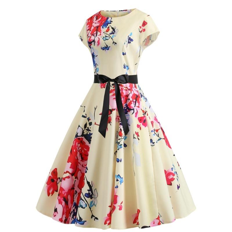 Summer Vintage Women's Crew Neck Bag Sleeve Flower Print Dress